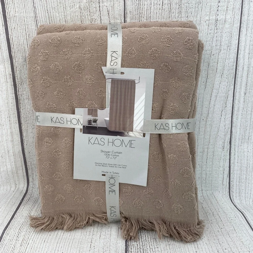 Kas Home Shower Curtain Brown Taupe Tufted Dot Fringed 100% Cotton Boho Natural